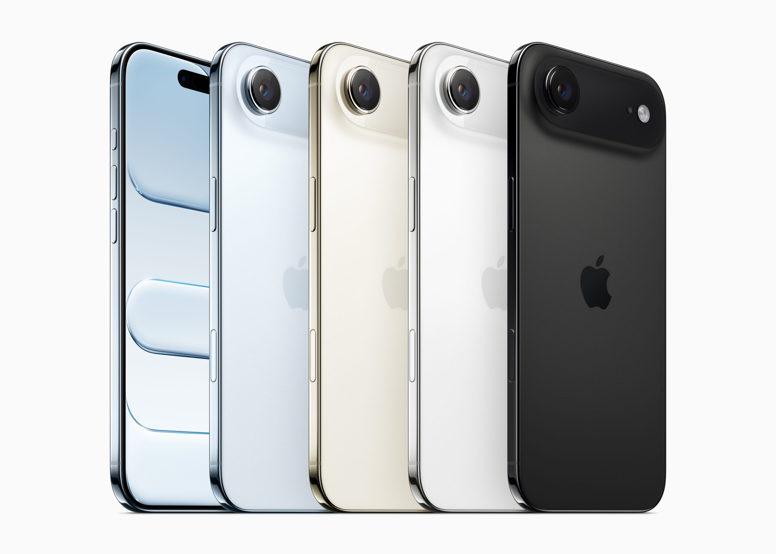iPhone Airのカラーバリエーション。スカイブルー、ライトゴールド、クラウドホワイト、スペースブラックの4色が並ぶ