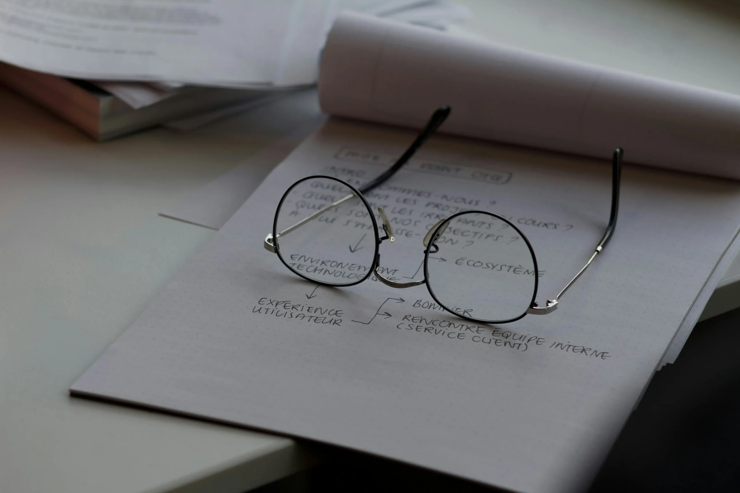 手書きのメモ用紙の上に置かれた丸いフレームの眼鏡のイメージ
