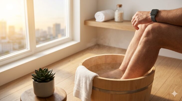 バケツ型フットバスで足湯を楽しむ様子