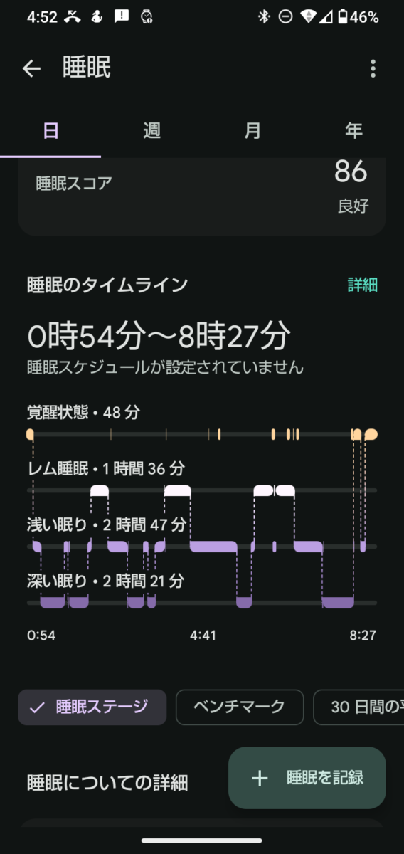 Google Pixel Watch 4 睡眠計測画面 Google Pixel Watch 4 睡眠データ スクリーンショット Fitbit
