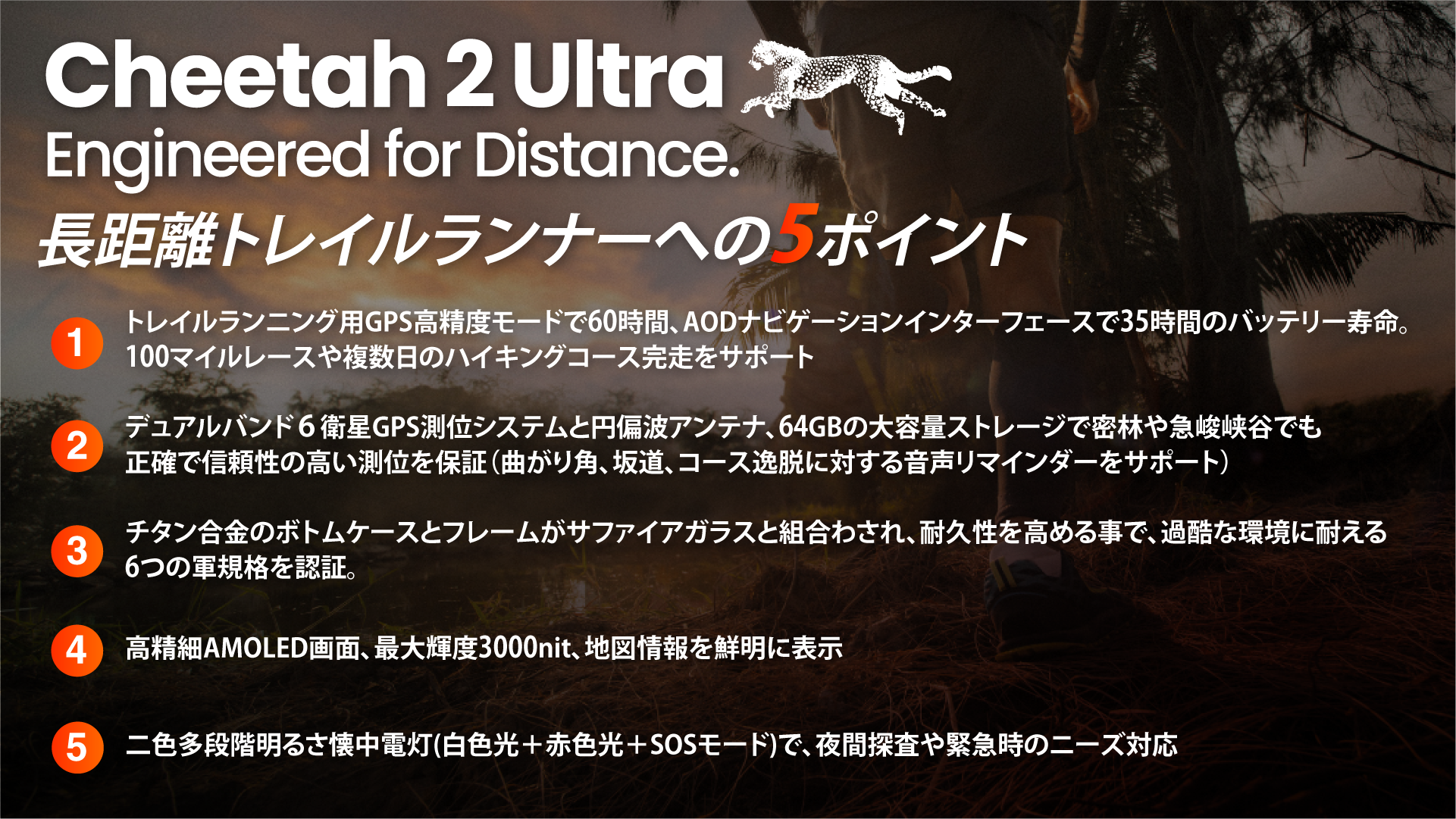 Amazfit Cheetah 2 Ultraの60時間GPSバッテリーとデュアルバンド6衛星GPSを示す説明画像