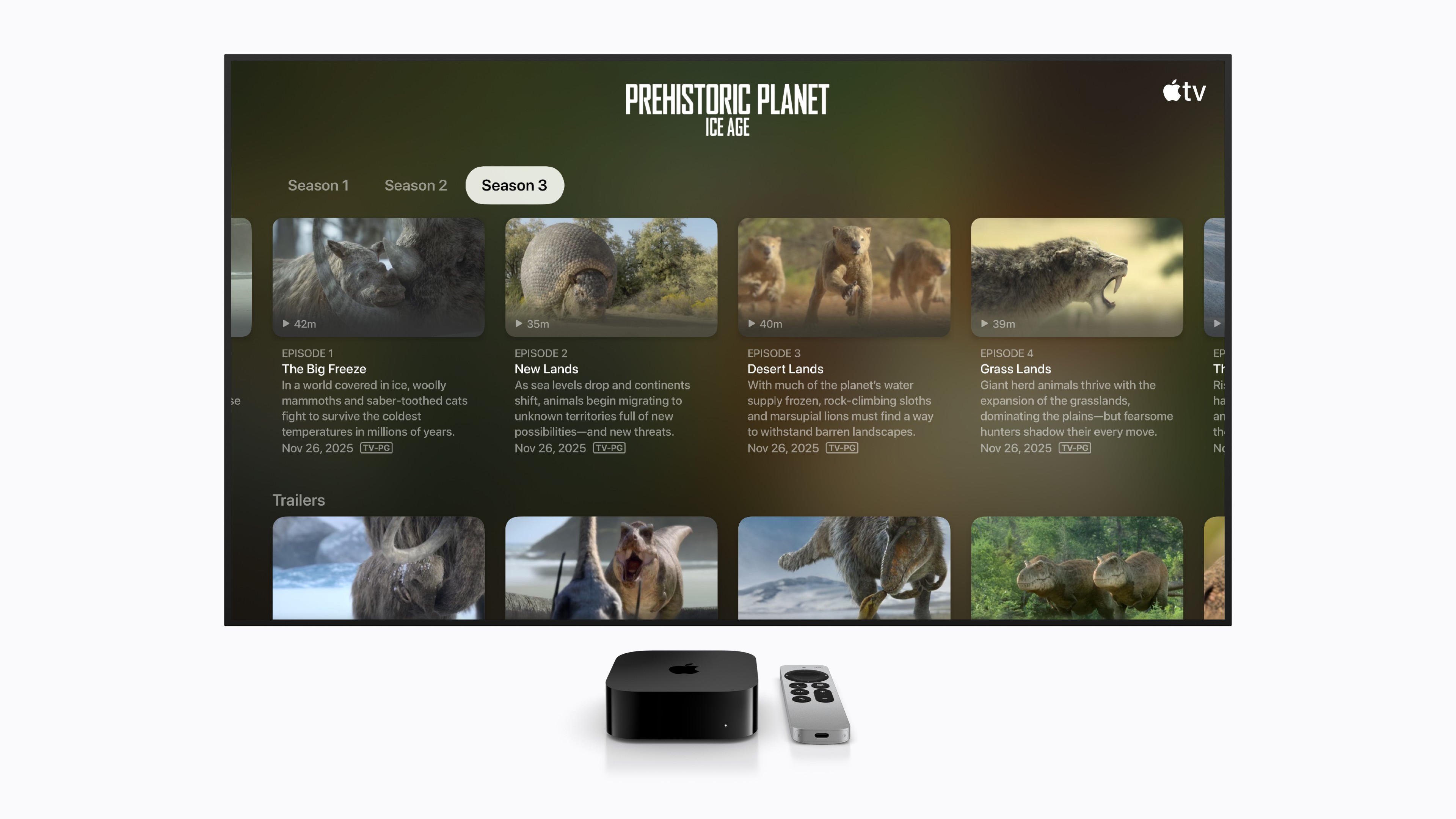 「Prehistoric Planet: Ice Age」という番組のメニューが標準のテキストサイズで表示されているApple TVのインターフェイス