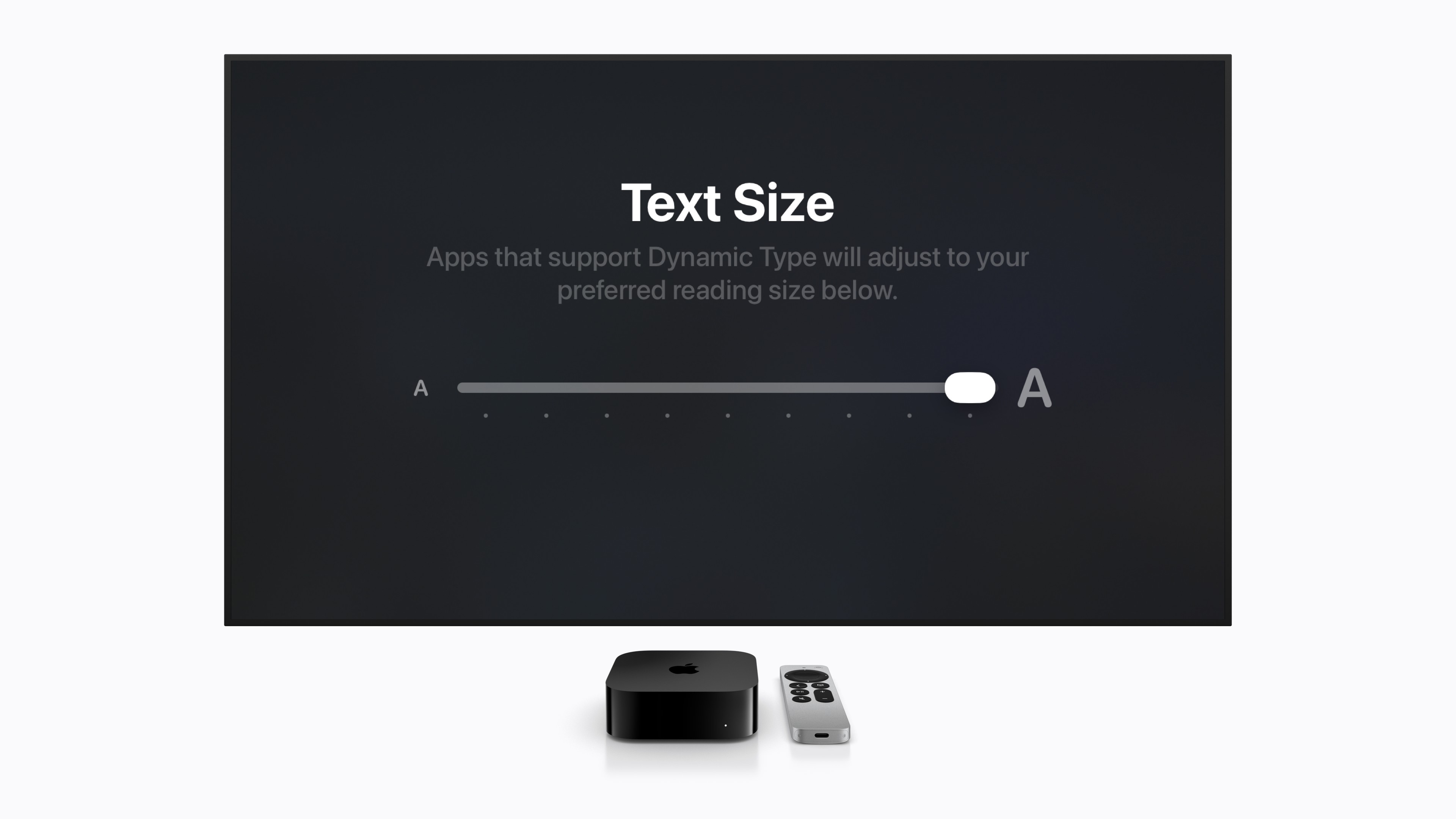 テキストサイズを大きくするためのコントロールが表示されているApple TVのインターフェイス