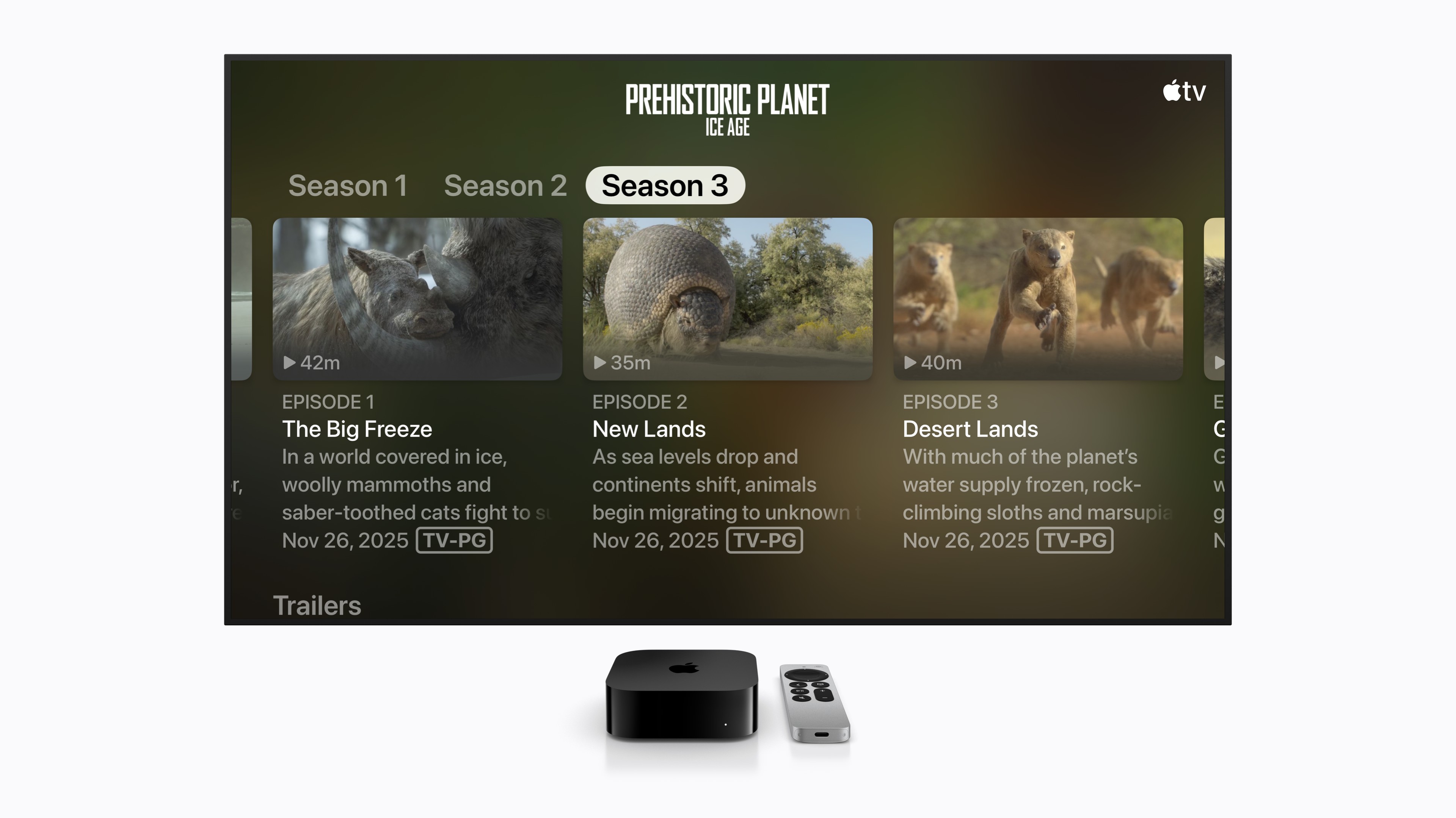 「Prehistoric Planet: Ice Age」という番組のメニューがより大きなテキストサイズで表示されているApple TVのインターフェイス