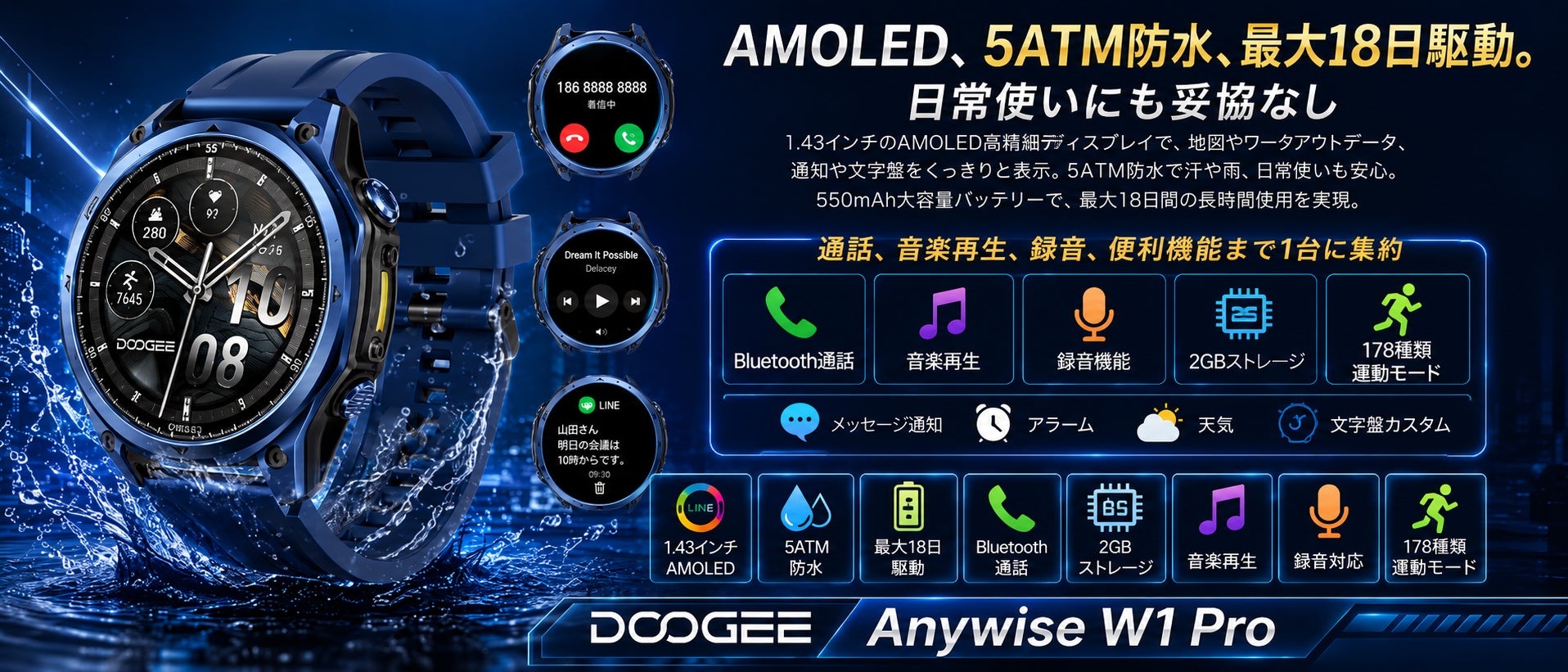 Bluetooth通話・ローカル音楽再生・健康管理に対応したDOOGEE Anywise W1 Proの利用イメージ