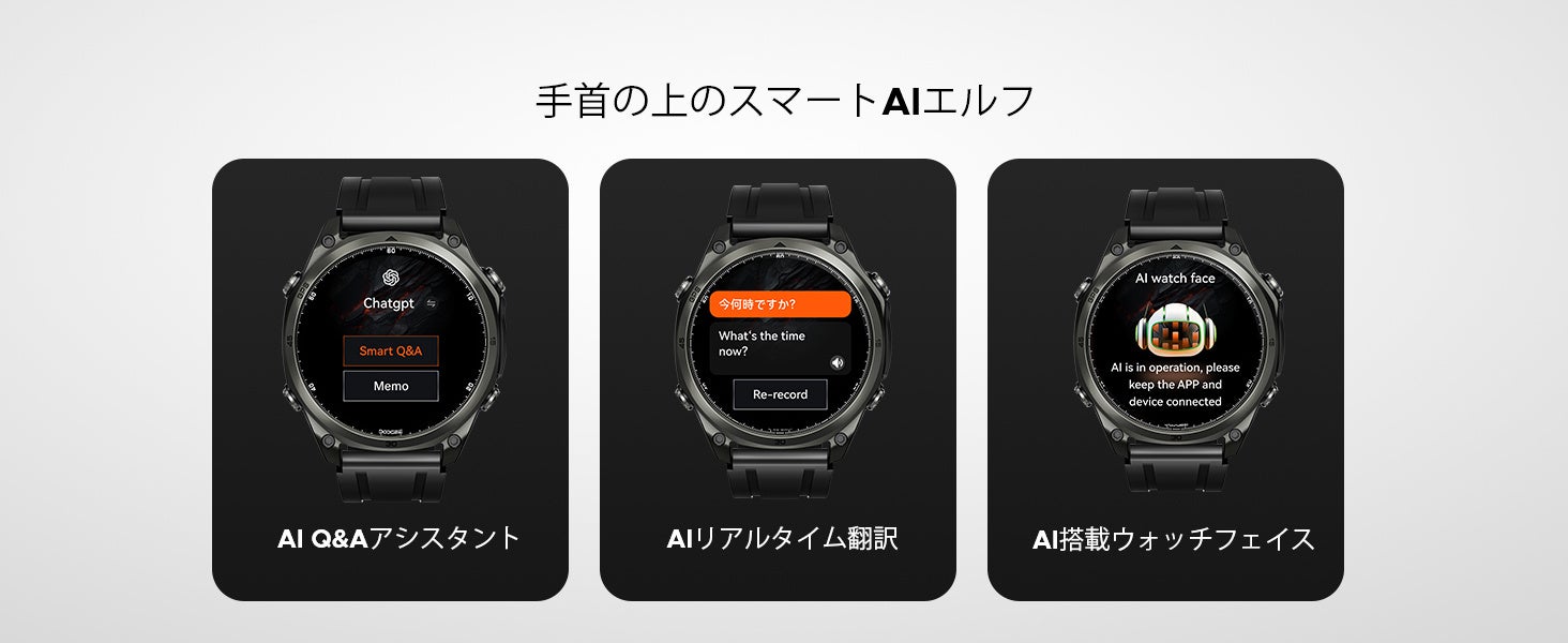 DOOGEE Anywise W1のBluetooth 5.3通話とGPT-AI機能イメージ。腕元で通話やAI応答ができる
