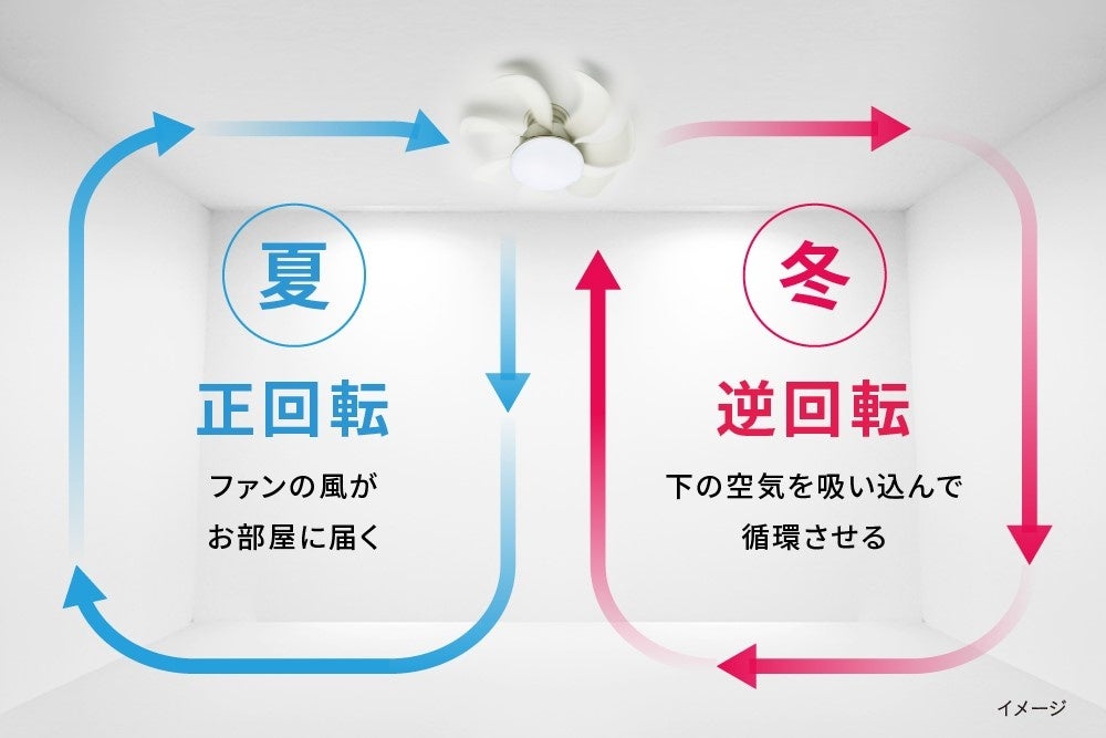 夏は正回転で風を届け、冬は逆回転で床付近の空気を循環させる「サーキュライト ウイング」のオールシーズン活用イメージ
