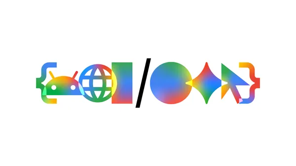 Google I/O 2026のロゴとカラフルな抽象デザイン。