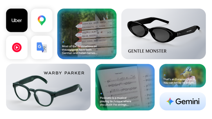 Google「インテリジェント・アイウェア」のメインビジュアル。Gentle MonsterとWarby Parkerによる黒・ダークグリーンのフレームが並ぶ。