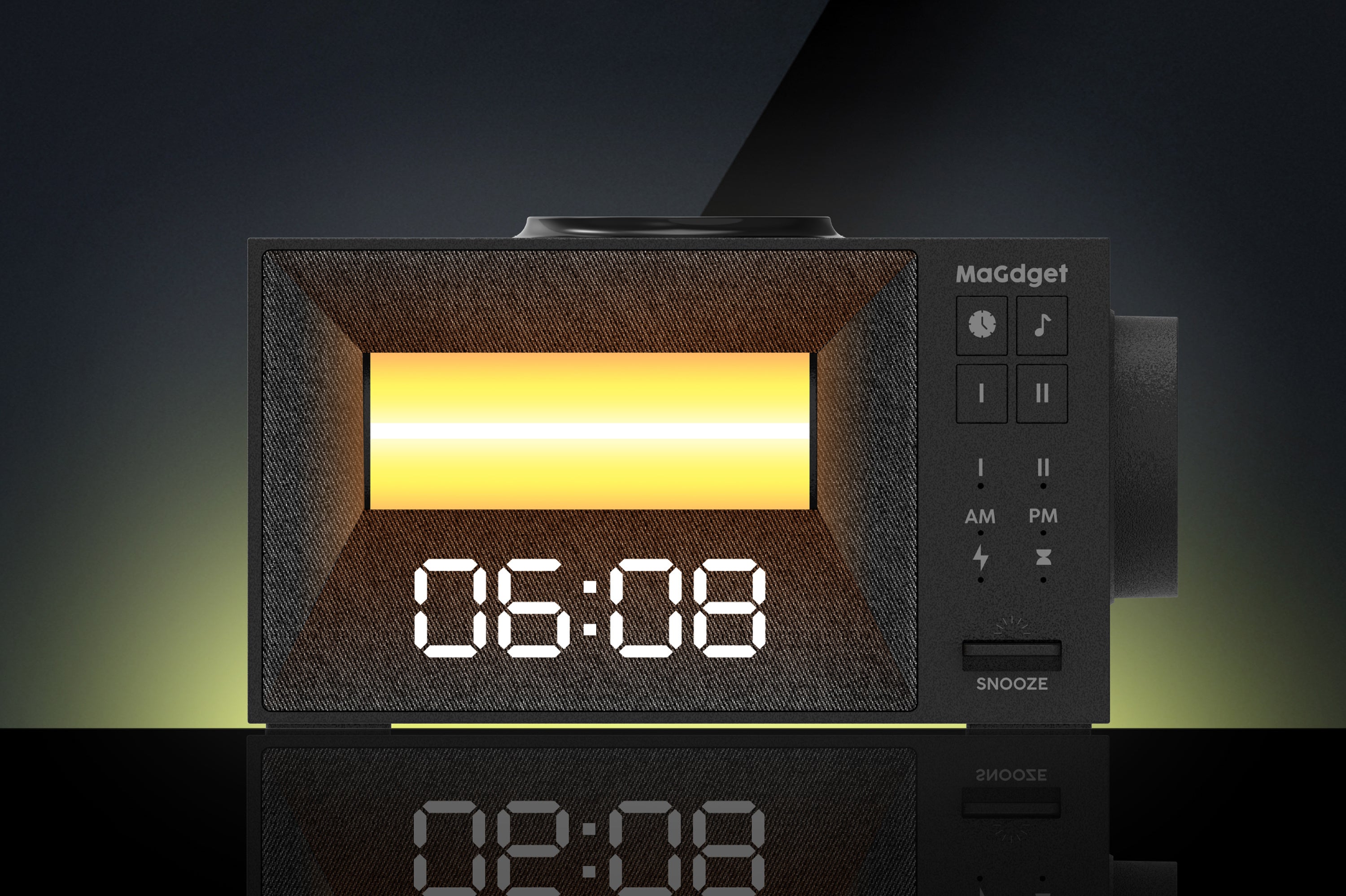 ベッドサイドに置かれたMaGdget WakeUp Clock。MagSafeでiPhoneを固定しながらインテリアに馴染む様子