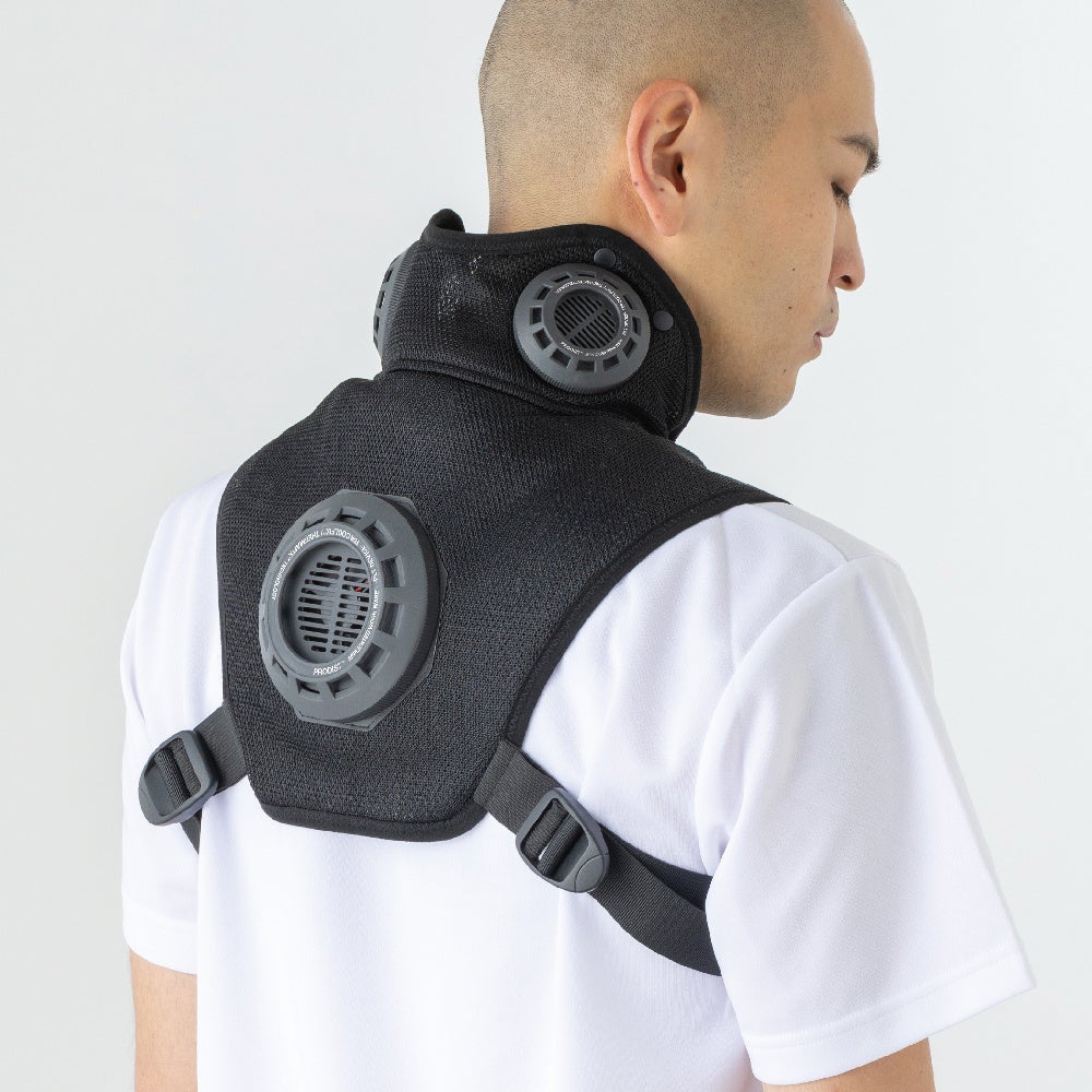 昭和商会THERMAFIX TM PLT プロフィットベストの着用イメージ。背中と首のペルチェで冷却