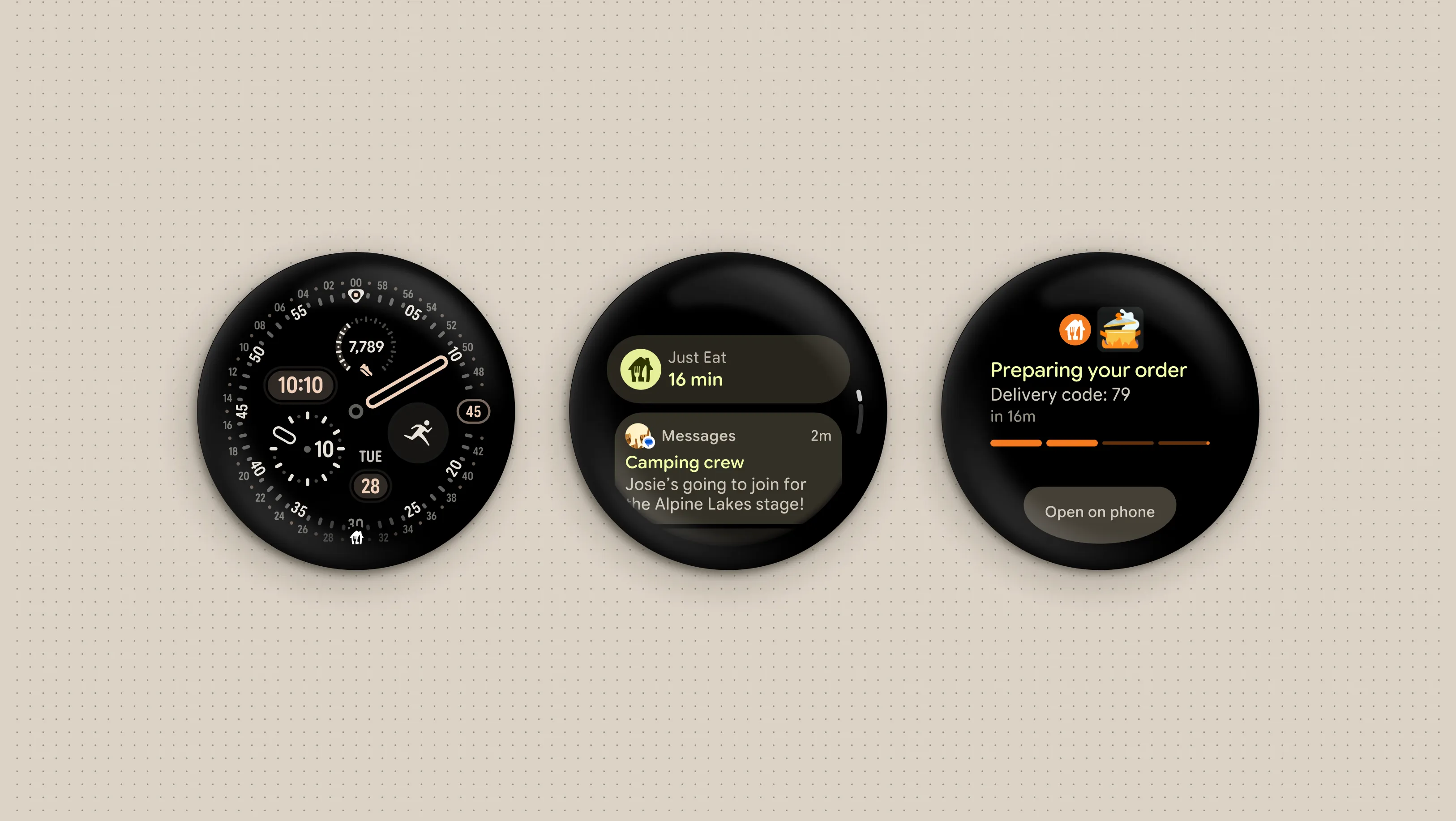 Wear OS 7のライブアップデート表示例。Just Eatのフードデリバリーステータスがスマートウォッチ上でリアルタイムに表示されている。