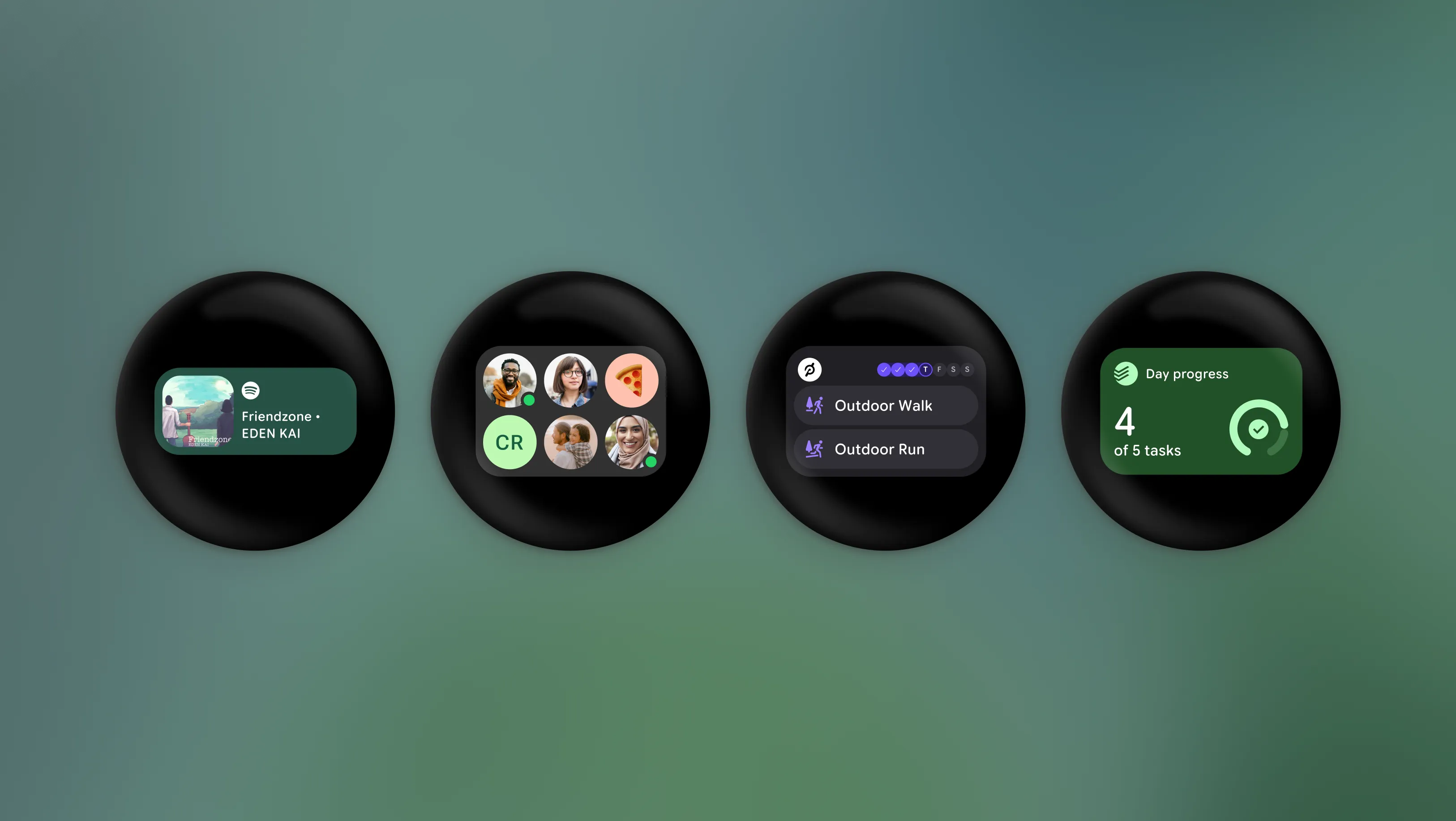 Wear OS 7に新たに加わるWearウィジェットの表示例。スマートウォッチ画面上でスマホと共通設計のウィジェットが表示されている。