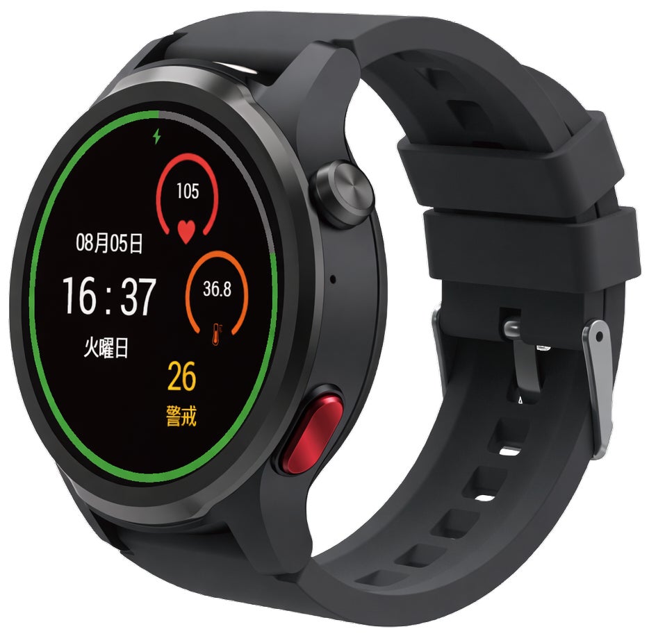 アイフォーカスが企画開発したウェアラブルウォッチ AAASWatch Pro2 の本体。画面に心拍数・体温・暑さ指数を表示している