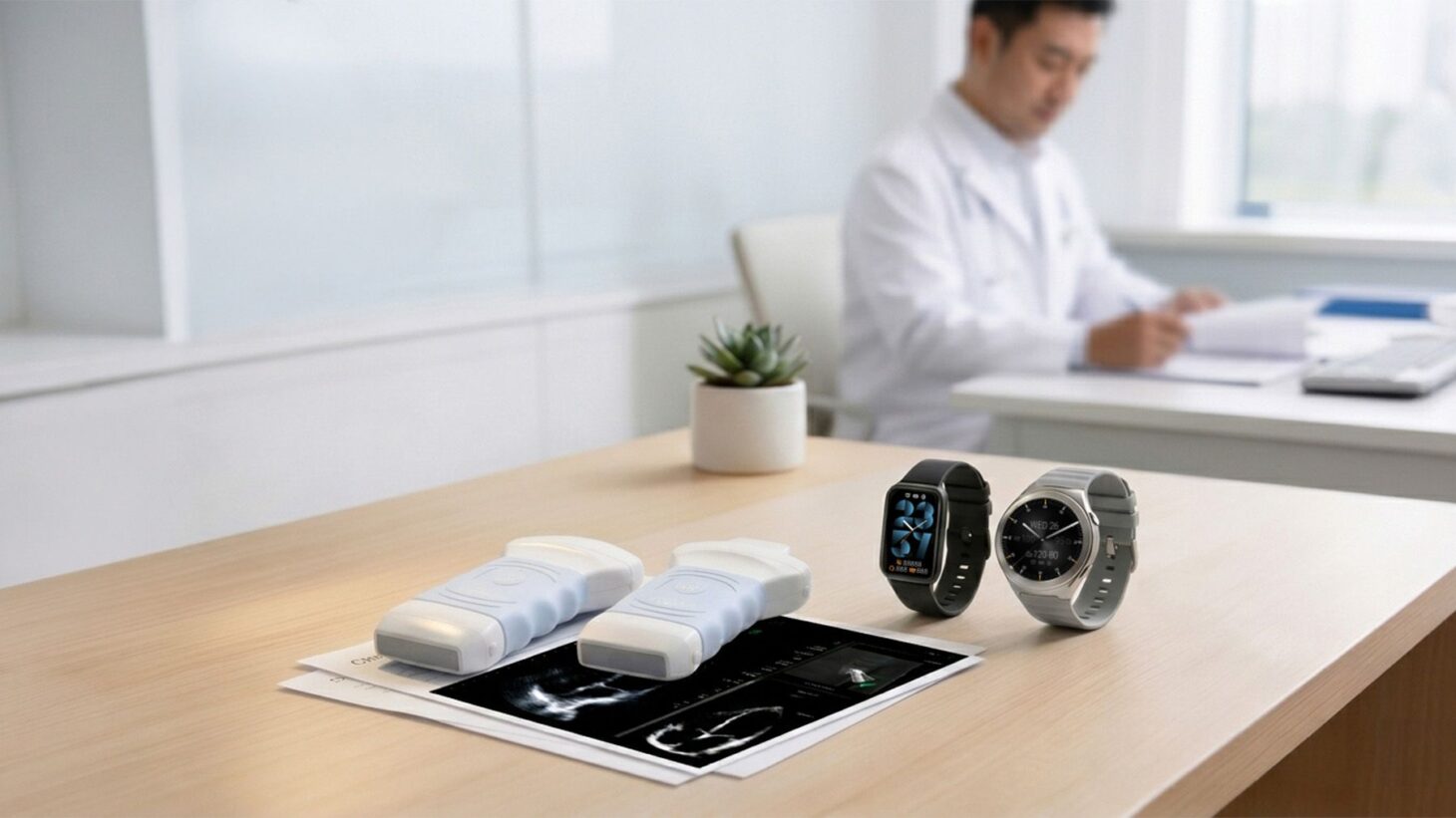 ASUS VivoWatch 6 Plusスマートウォッチと携帯型超音波診断装置Handheld Ultrasound DuoScanが臨床デスクに並ぶ、ASUSのAIヘルスケアエコシステムのイメージ