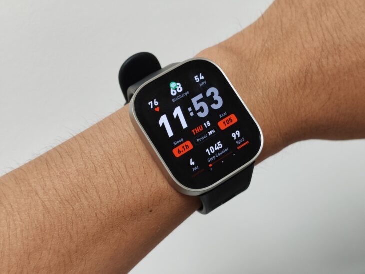 Amazfit Bip MaxのBioCharge 68、HRV 54、Sleep 6.1h、Power 28%、PAI 4、Step Counter 1045、SpO2 99などを一画面に集めたウォッチフェイス