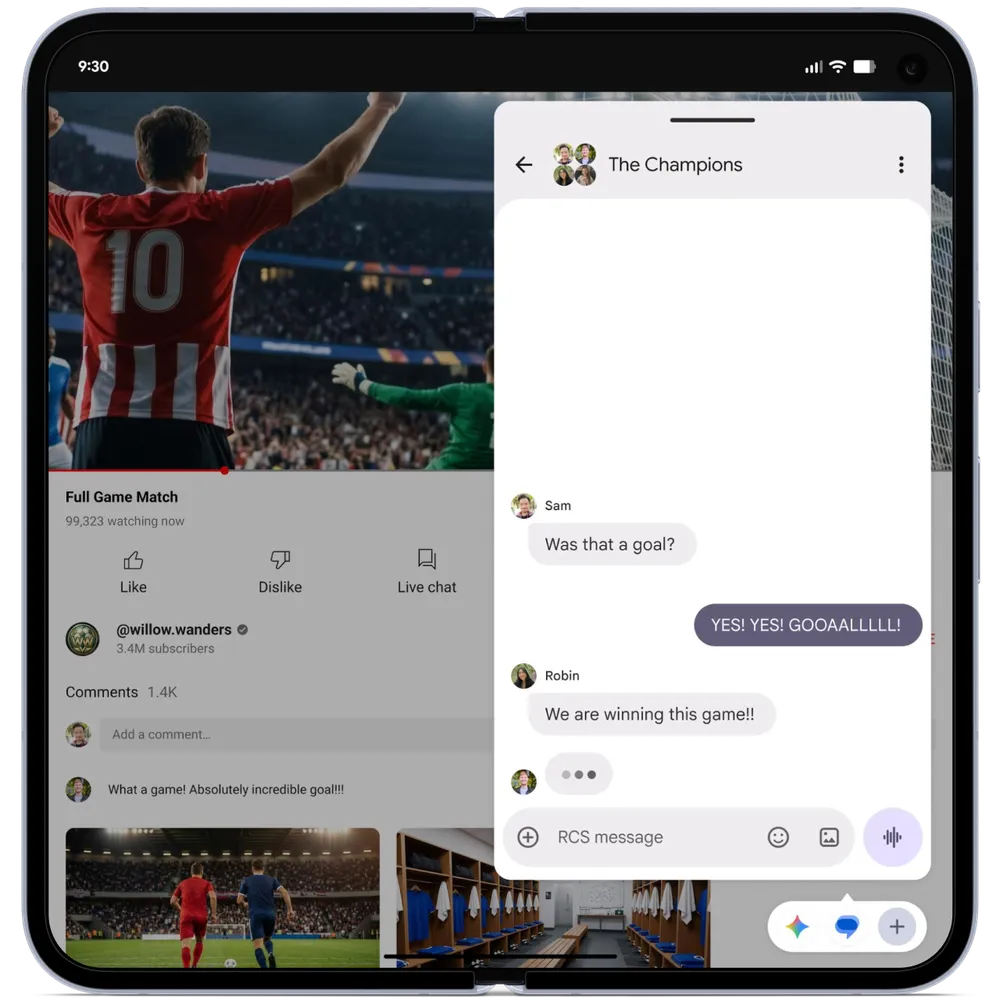 折りたたみスマートフォンの大画面に、サッカーの動画配信画面とメッセージのチャット画面が並んで表示されているAndroid 17のバブル機能