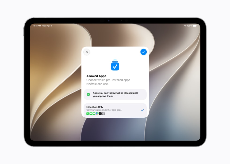 11インチiPad Proの画面に表示された設定アシスタントの利用可能アプリ一覧。重要なアプリと推奨されるスターターセットが表示されている