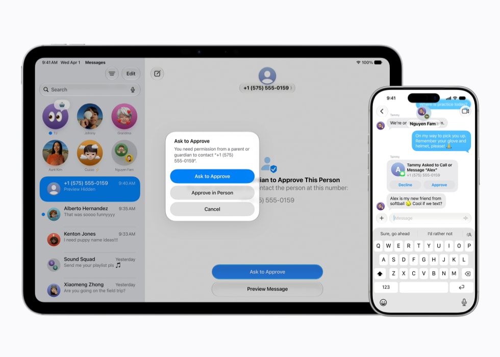 11インチiPad Proのメッセージアプリに『許可を依頼』のプロンプトが、iPhone 17 Proのメッセージアプリに承認リクエストが表示されている様子
