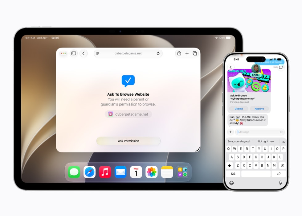 11インチiPad Proに『ウェブサイト閲覧のリクエスト』プロンプトが表示され、iPhone 17 Proのメッセージアプリに承認リクエストが届いている様子