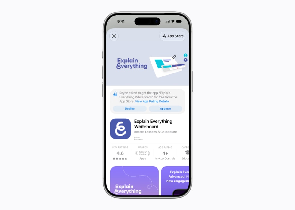 iPhone 17 ProのApp StoreでExplain Everything Whiteboardアプリに対する『承認と購入のリクエスト』プロンプトが表示されている様子