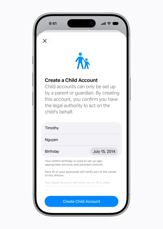 iPhone 17 Proの画面に表示された、名前と誕生日を入力するフィールドを含む『お子様用アカウントを作成』のインターフェイス