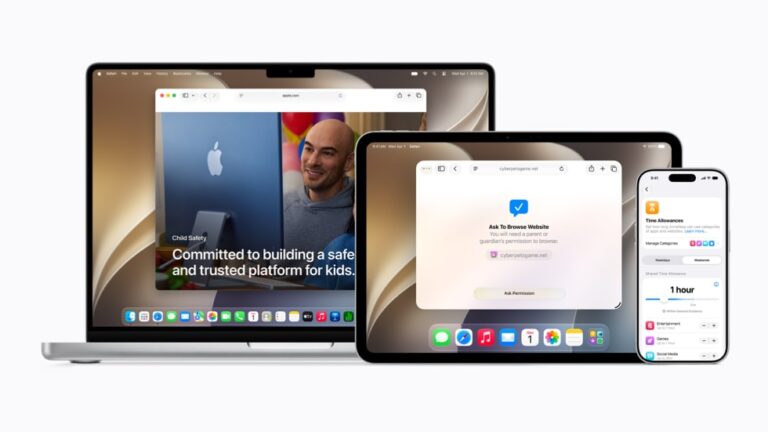 MacBook Pro・iPad Pro・iPhone 17 Proに新しい子どもの安全機能関連の画面が表示されている様子