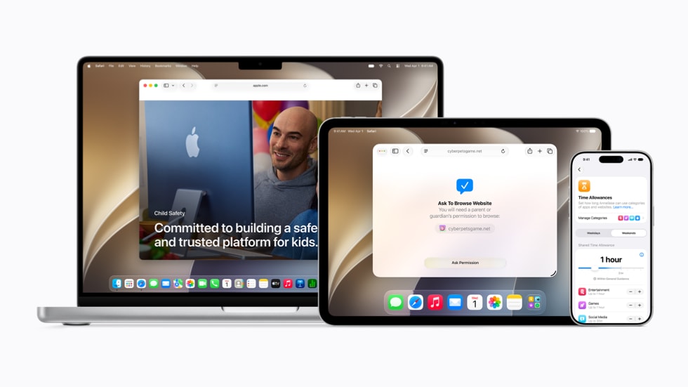 14インチMacBook Pro、11インチiPad Pro、iPhone 17 Proが横並びに配置され、Appleの新しい子どもの安全機能に関連する画面が表示されている様子