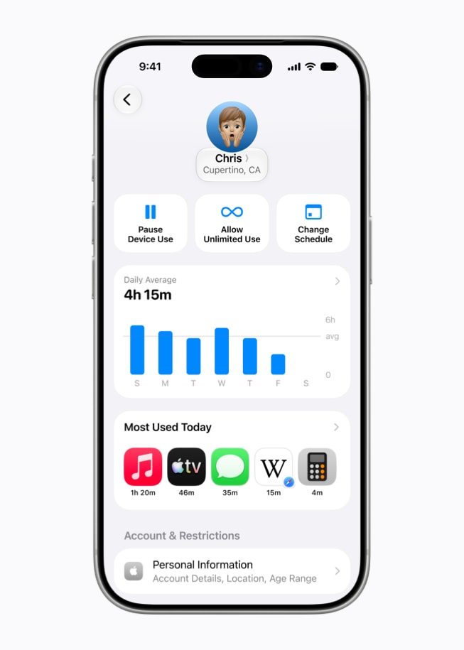 iPhone 17 Proの画面に、再設計されたスクリーンタイムの体験が表示され、毎日の平均デバイス利用、最もよく使用されているアプリ、デバイスを一時停止するためのコントロールが示されている様子