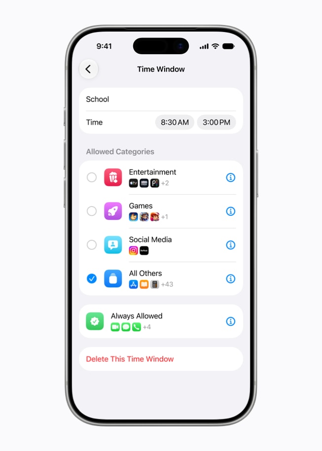 iPhone 17 Proの画面に、子どものアプリ利用の時間枠を設定するためのオプションが表示されている様子