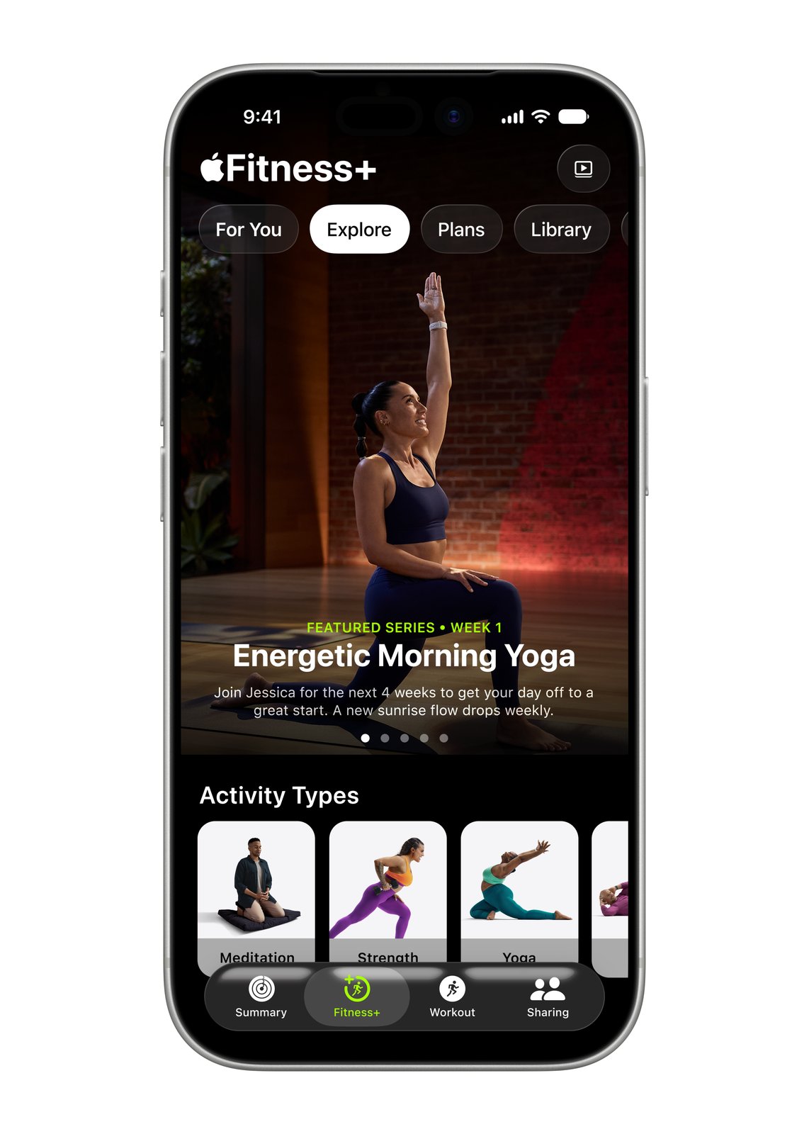 Apple Fitness+のヨガコンテンツ探索画面。様々なヨガプログラムが一覧で表示されている
