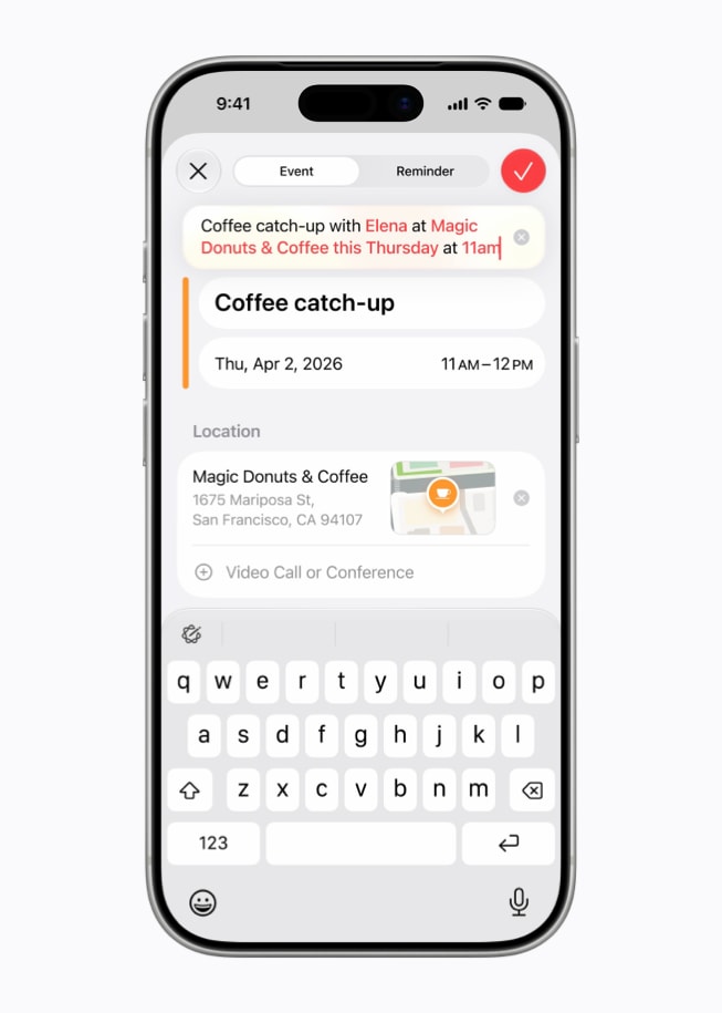 iPhone 17 Proのカレンダーアプリで、自然言語の説明から新しいイベントが作成されている様子