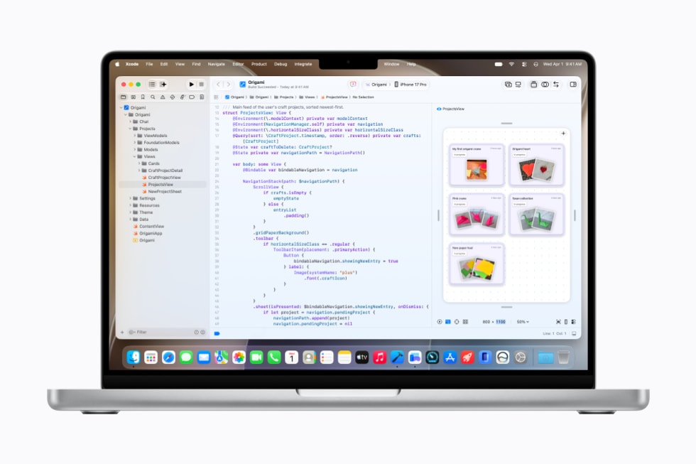 MacBook ProにXcode 27のエージェントコーディング画面が表示されている様子