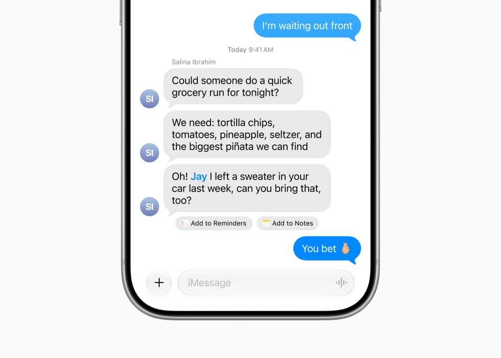 iPhone 17 Proのメッセージアプリ画面でAIによるメモやリマインダー作成の提案が表示される様子