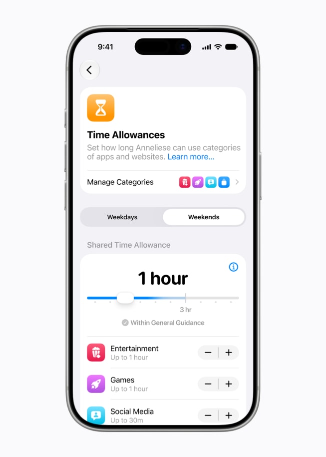 iPhone 17 Proに表示されたiOS 27の新しい許容時間設定。エンターテインメント・ゲーム・ソーシャルメディアのカテゴリー別に時間制限を設定する画面