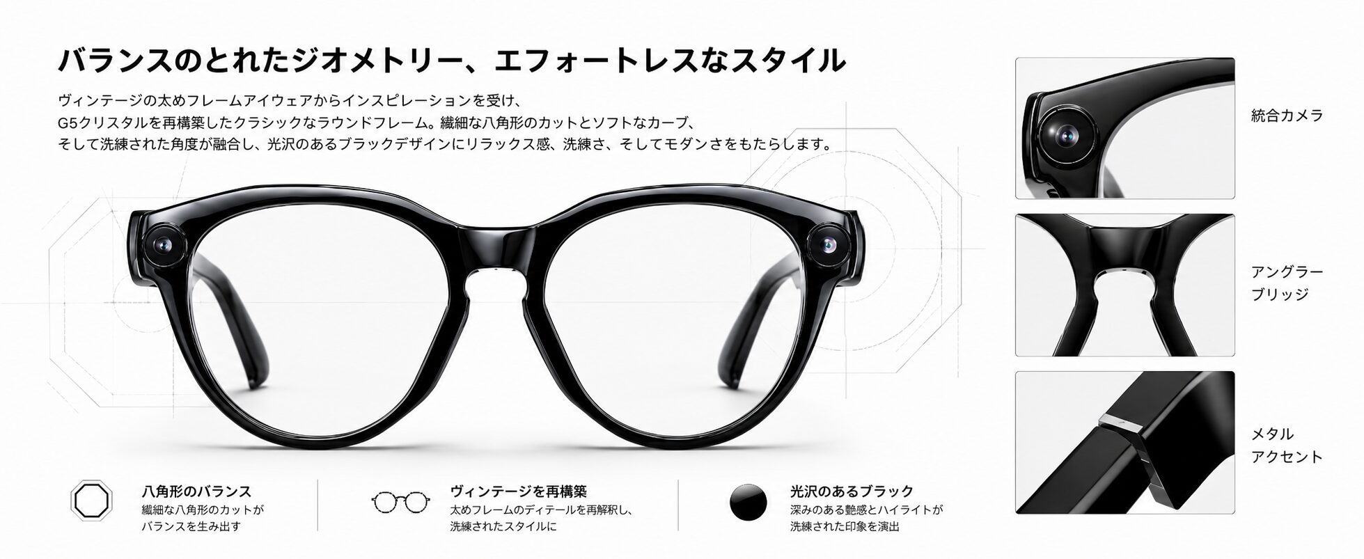 DPVR G5 Crystal 八角形のバランス ヴィンテージ風形状 光沢のあるブラックフレームのプレミアムAIスマートグラス