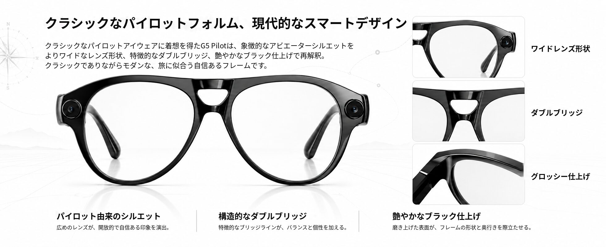 DPVR G5 Pilot ワイドレンズ形状 ダブルブリッジ 艶やかなブラック仕上げのアクティブシーン向けAIスマートグラス