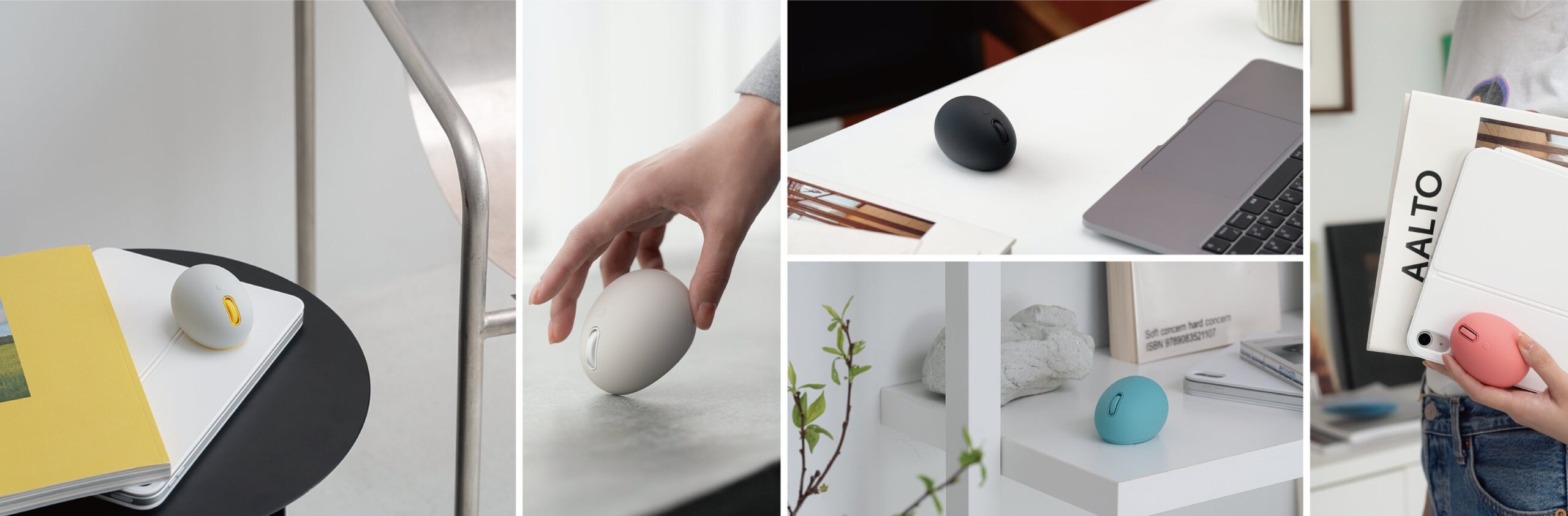 デスクやインテリアになじむEGG MOUSEの使用シーンを集めたイメージ