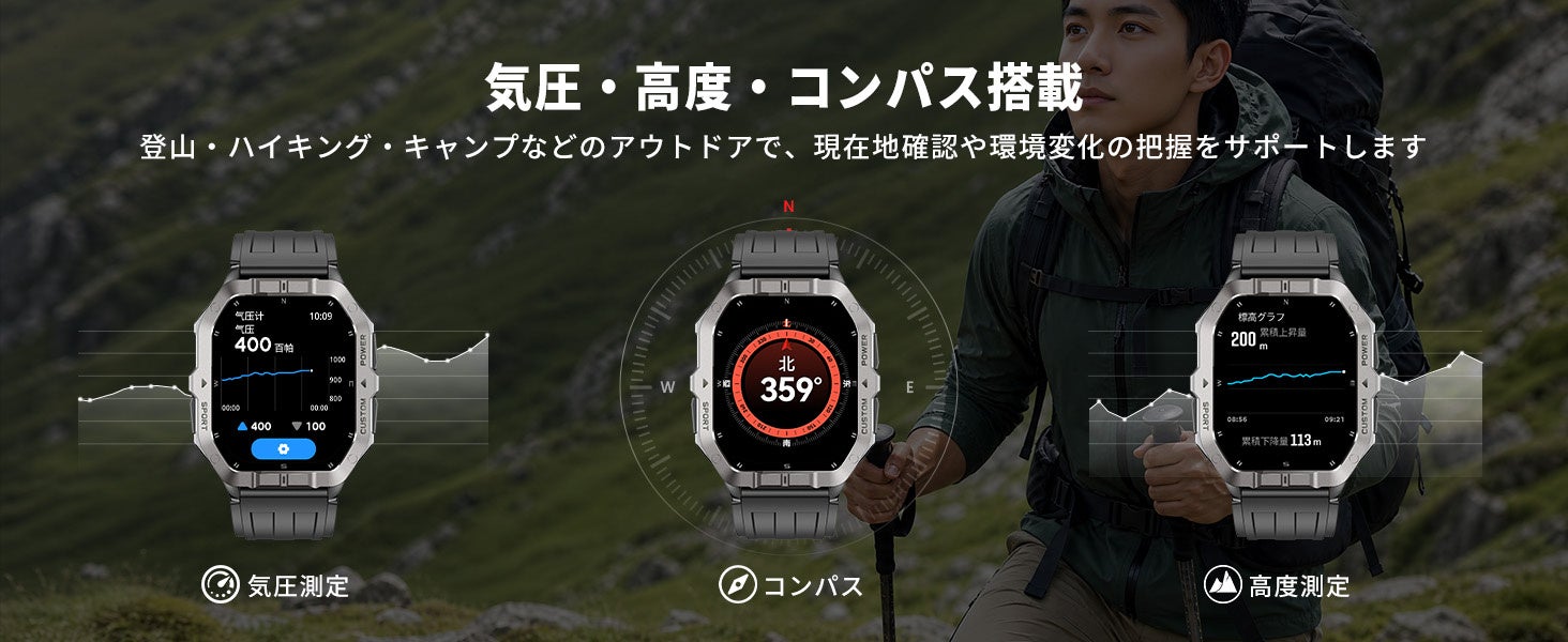FOSMET T20は気圧計と地磁気センサーを内蔵し、標高・気圧・方角をリアルタイム表示