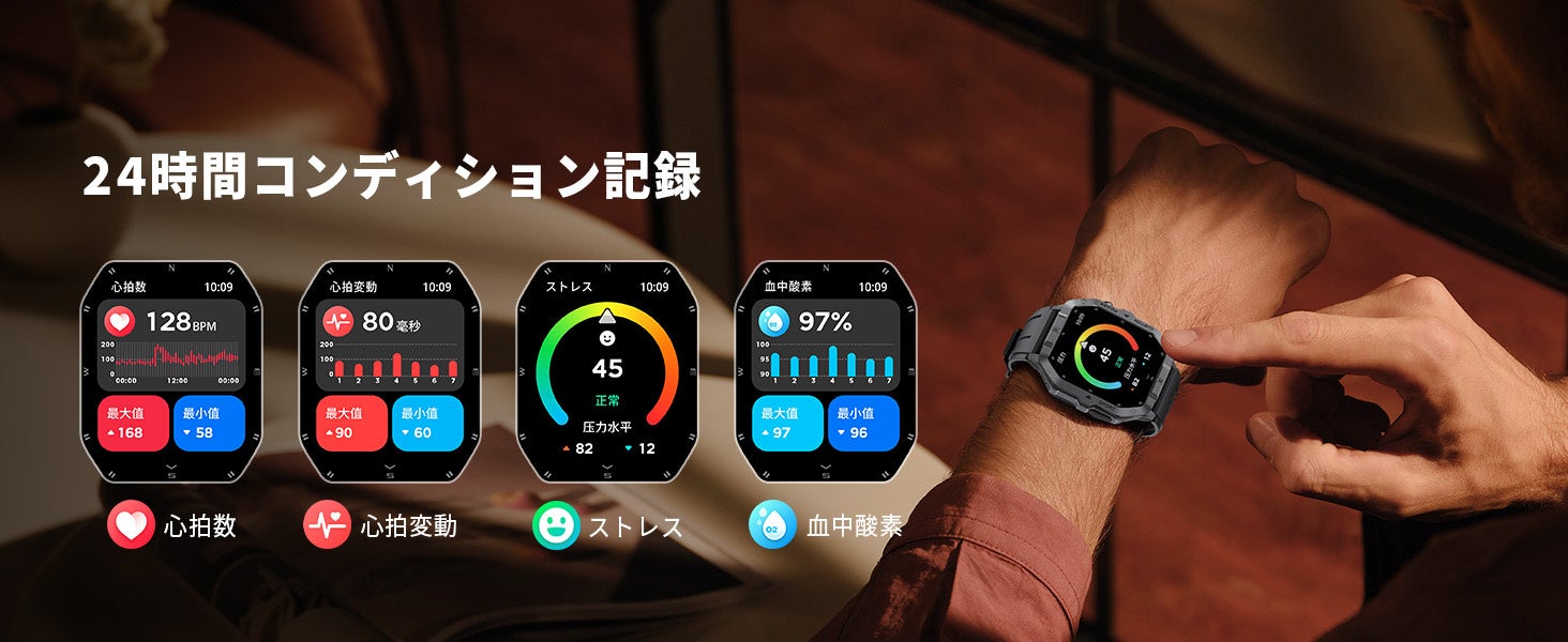 FOSMET T20は24時間心拍・血中酸素・HRV(心拍変動)をモニタリングし、ストレスや睡眠の質を可視化