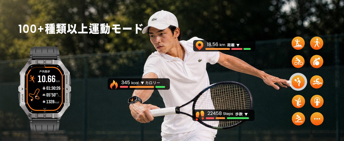 FOSMET T20はランニング・登山・スイミング・ヨガ・バスケ・ゴルフなど100種類以上のスポーツモードに対応