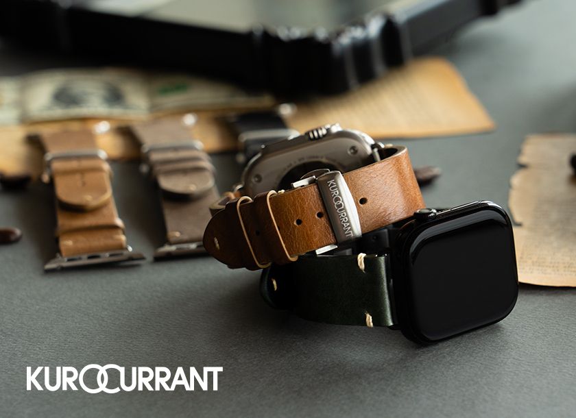 KUROCURRANT Prestige TOSCANAのメインビジュアル。Apple Watch用イタリア製トスカーナレザーバンド5色を並べた製品写真