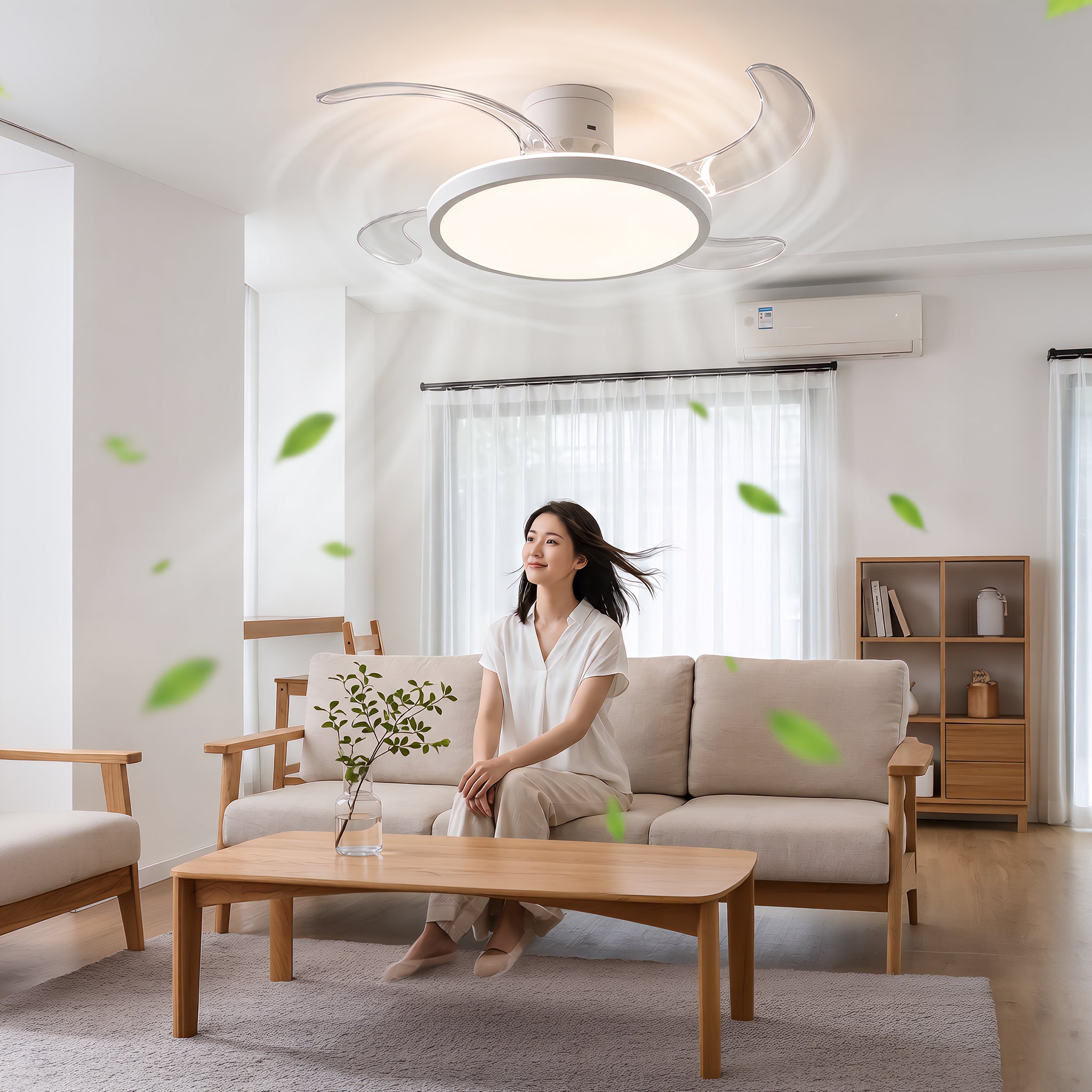 LumoAirのアッパーライト(間接照明)と常夜灯の使用シーン。天井反射でやさしい光を実現