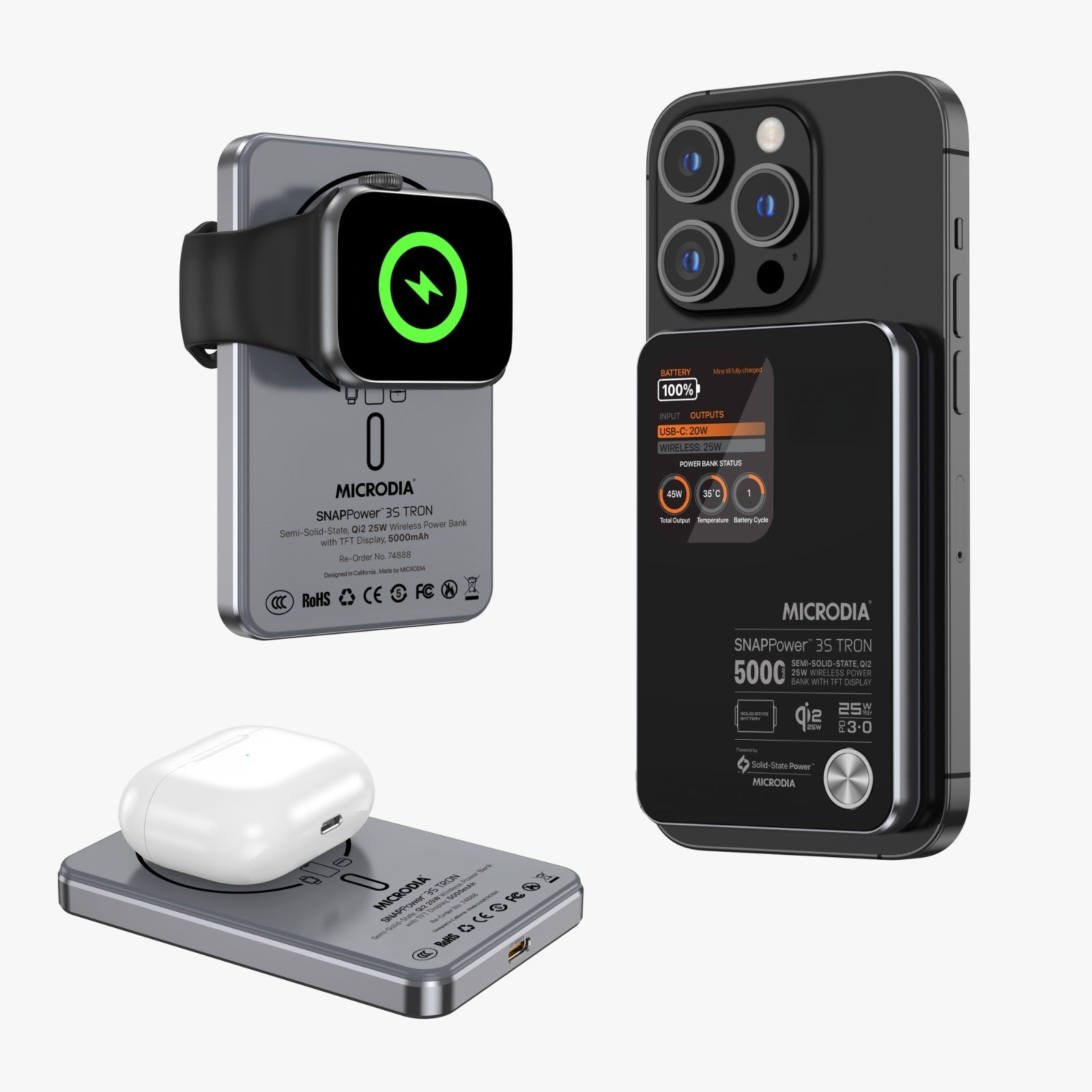SNAPPower 3S TRONでスマートフォン・Apple Watch・AirPodsを1台で同時充電する3-in-1構造のイメージ