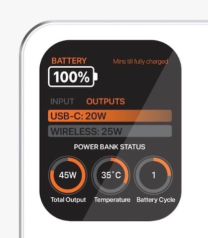 SNAPPower 3S TRONのTFTスマートディスプレイにバッテリー残量・温度・出力・充電サイクルを表示する様子