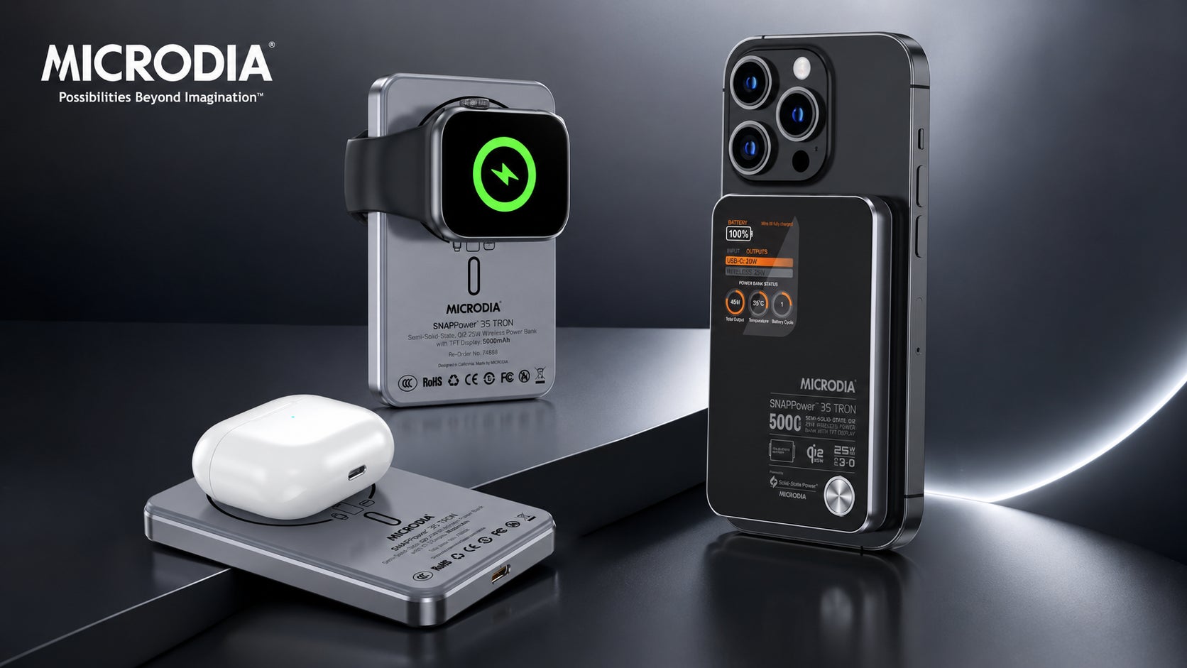 MICRODIA、スマホ・Apple Watch・AirPodsを1台で同時充電できる準固体
