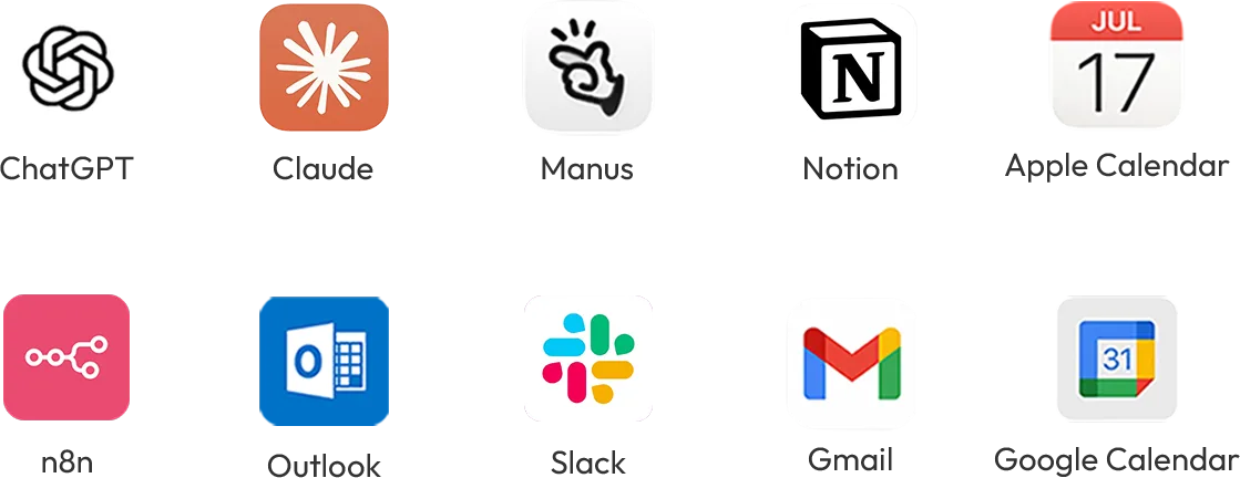 Memoket Gem が連携するChatGPT・Slack・Notion・Google Calendarなどのアプリアイコン