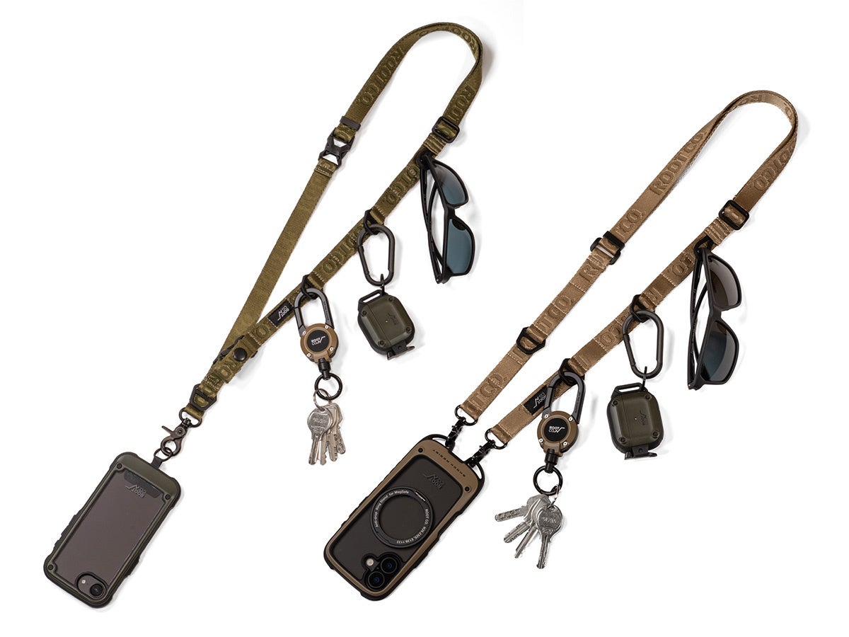 ROOT CO. GRAVITY UTILITY WEBBING LOOP. の製品全景イメージ。ナイロンジャガードウェビングとナスカン、Dカン、ループフックなどのハンギングギミックが見える