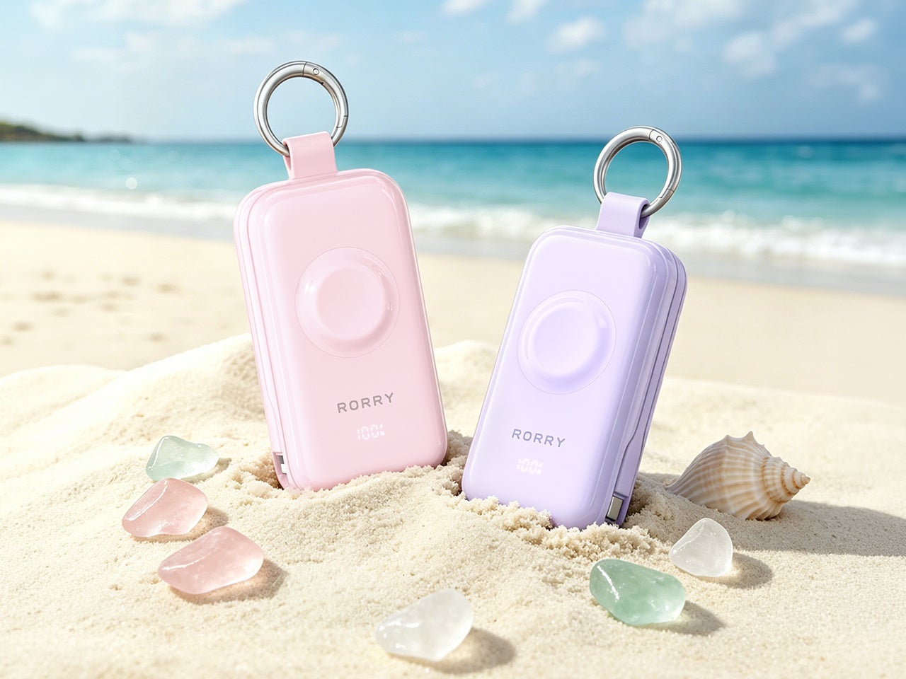 RORRY CharmGo D4-10000 ピンククォーツとライラックパープルを浜辺に置いたイメージ