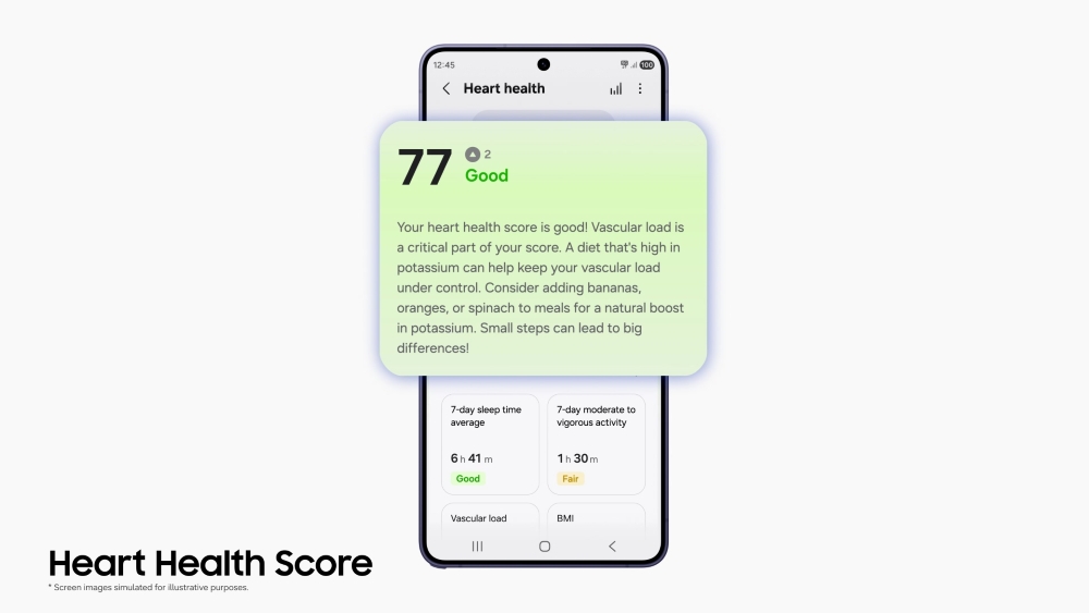 Samsung Healthの心臓の健康スコア画面。スコア77「Good」と改善アドバイスを表示
